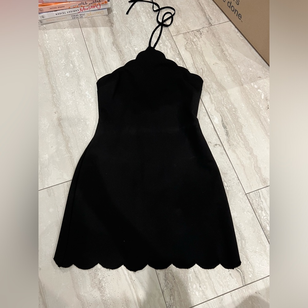 black halter body con - scalloped edges